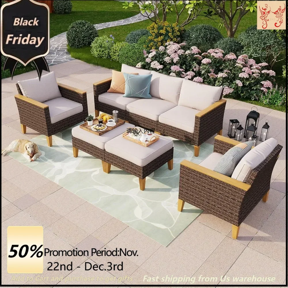 7-piece wicker patio set with upholstery 2 x armchairs, 2 x armchairs, outdoor rattan modular furniture patio set, beige