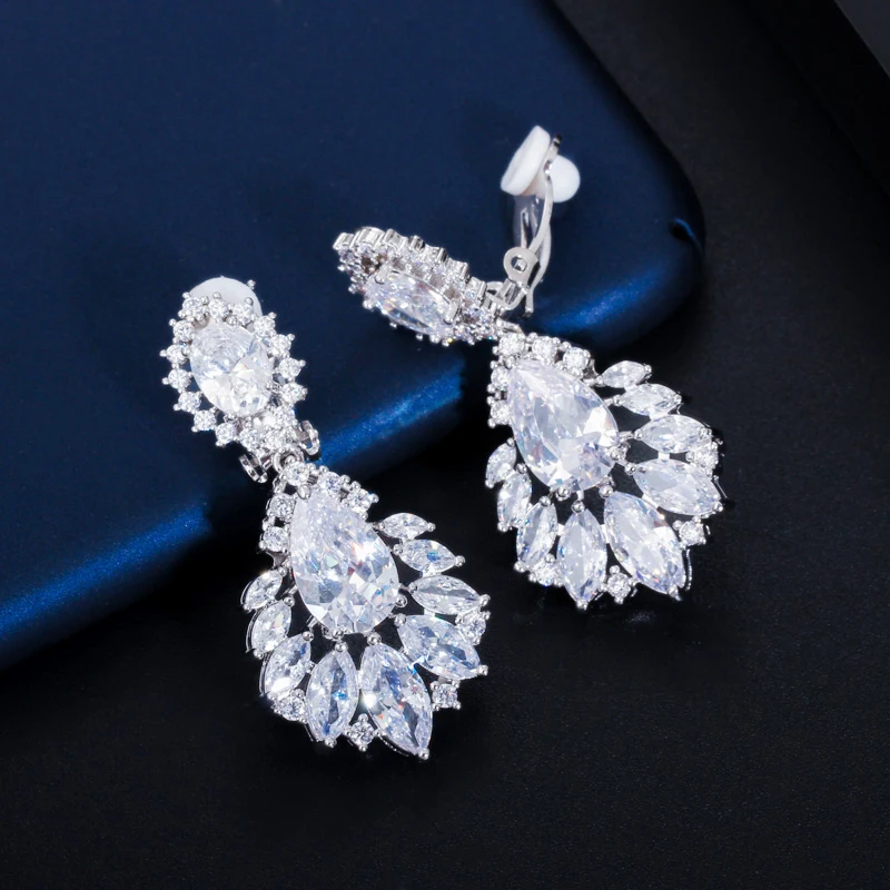 ThreeGraces Non Pierced Design Shiny Cubic Zirconia Long Drop No Hole Ear Clips On Earrings for Women Bridal Prom Jewelry EJ0039