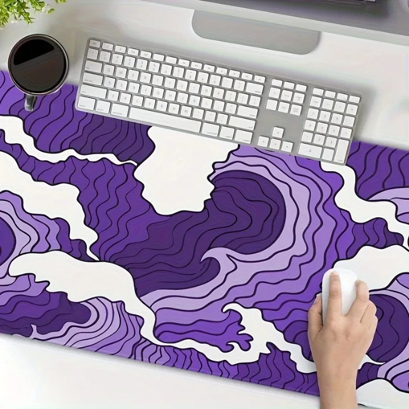 Alfombrilla de ratón para juegos con ondas blancas y moradas, alfombrilla de mesa con textura de océano de dibujos animados, Base de goma antideslizante, borde cosido, teclado largo, alfombrilla de oficina