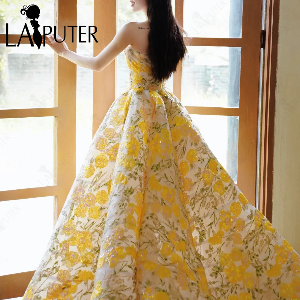 Floral Yellow Lace Puffy Prom Dresses Off Shoulder Sweetheart Neck Evening Dress Box Pleat Flower A line Celebrity Gown 2024