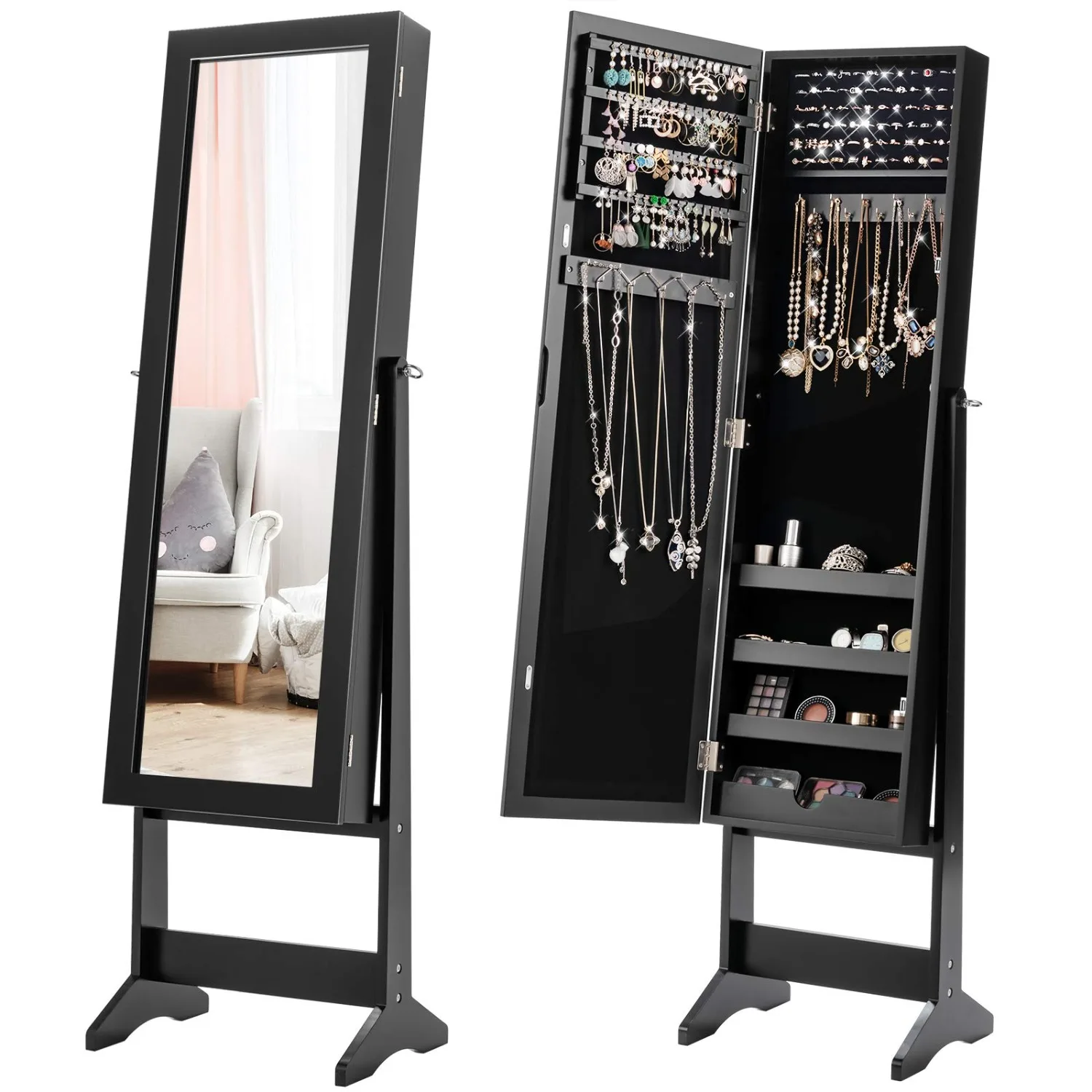 Jewelry Cabinet with Full-Length Mirror, Standing Jewelry Armoire Organizer with 64 Earring Slots, 72 Ring Slots, 20