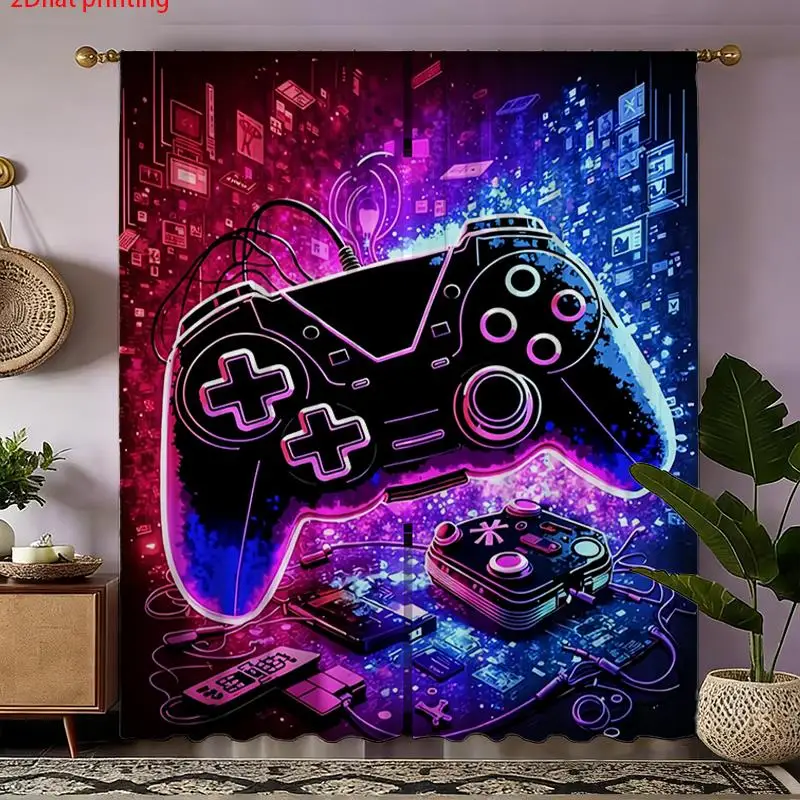 Neon Gaming Curtain Controller Tech Retro Arcade Print Curtains for Man Cave Bedroom Pop Culture Streaming Room Divider