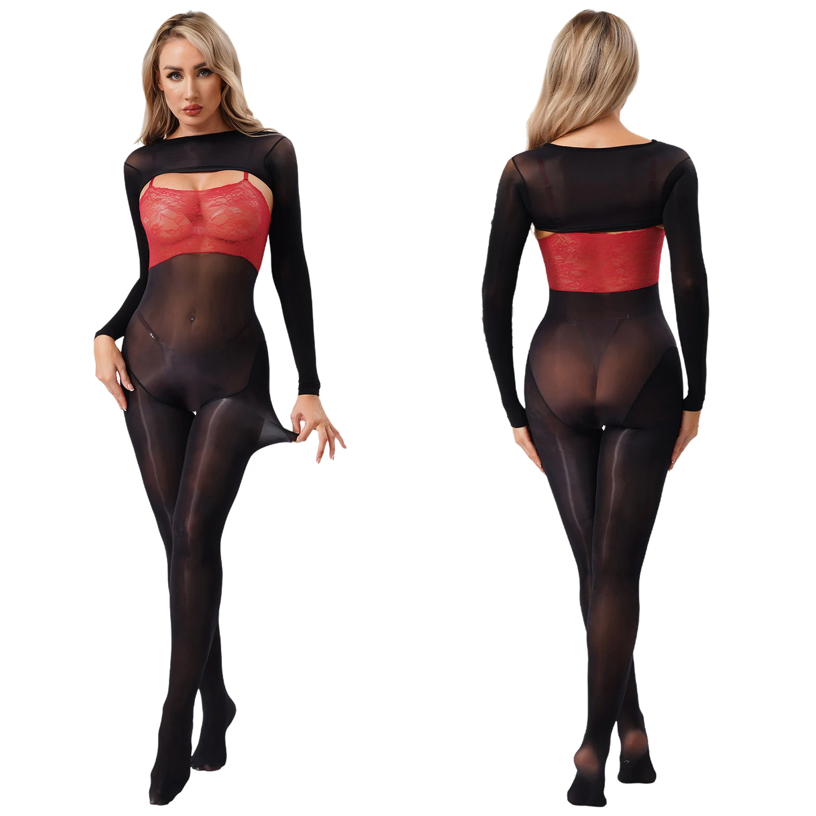 

Женское глянцевое прозрачное нижнее белье, костюмы, прозрачное кружево с цветочным принтом, боди на ножках и укороченный топ с длинными рукавами, комплект из 2 предметов, ночное белье