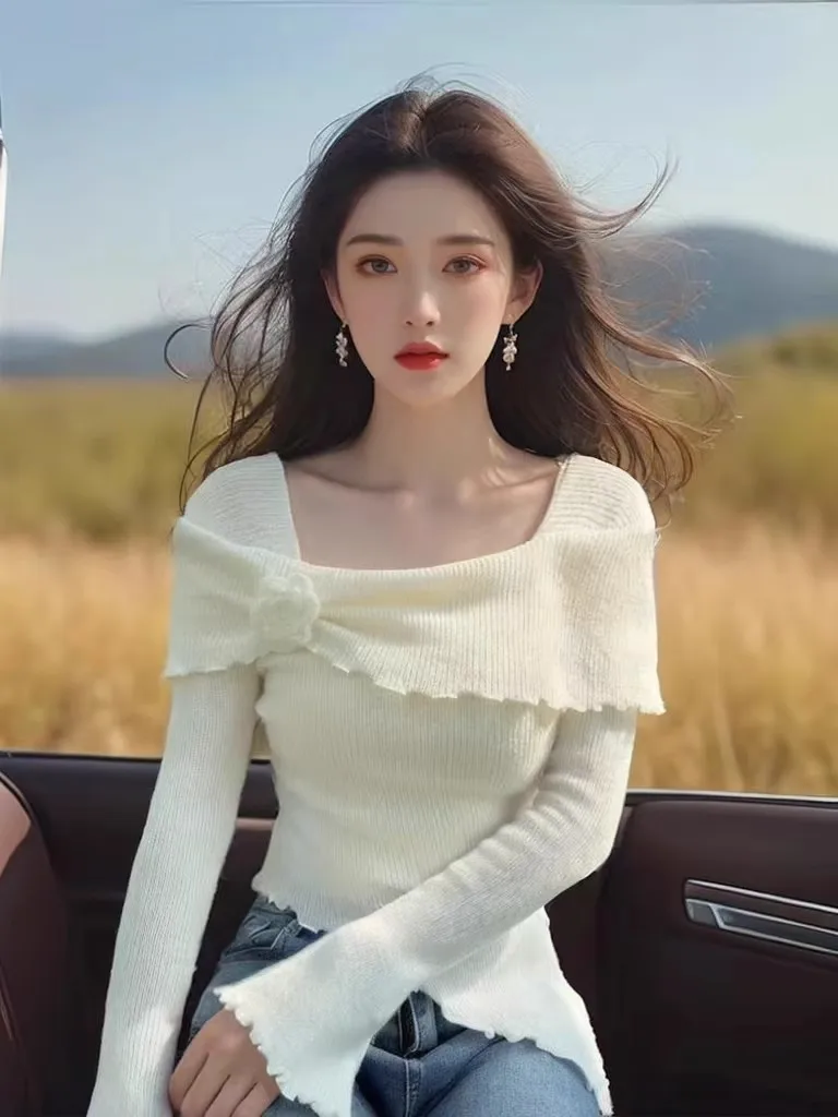 

Women Flower Slim Off Shoulder Sweater Slash Neck Long Sleeve irregular Pullover Sweater Autumn Female Casual Knitwear Chic Top