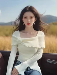 Women Flower Slim Off Shoulder Sweater Slash Neck Long Sleeve irregular Pullover Sweater Autumn Female Casual Knitwear Chic Top