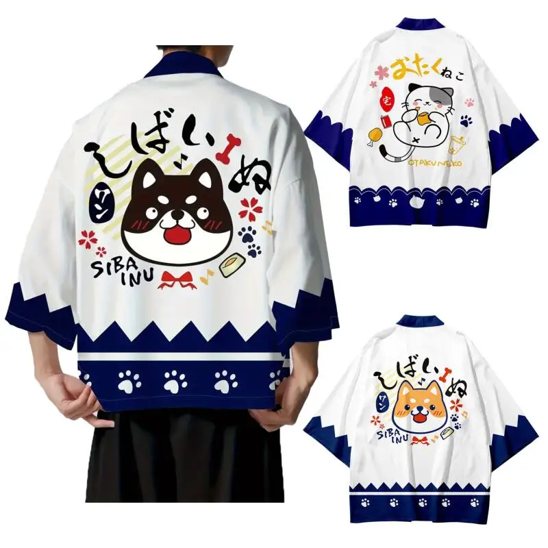 Summer Men Cute Puppy Pattern Japanese Kimono Cardigan Women Universal 3D Printed Cat Haori Japanese Yukata Traditional Clothing