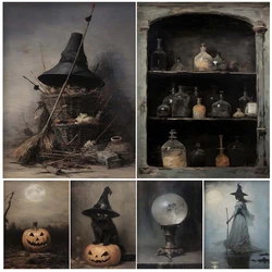 Magic & Witchy Potion, Witchy Broom,Spells Witchcraft Books,Vintage Wall Art Canvas Print Victorian Skeleton And Witch Art Poste