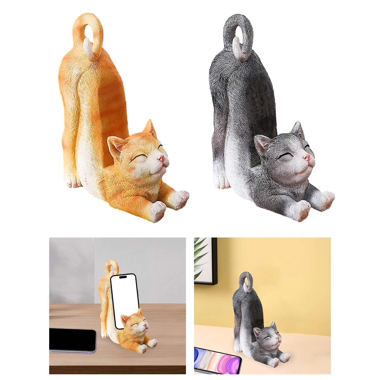 Cat Figurine Desktop Ornament Phone Holder Kitten Statue Animal Sculpture for Table Bedroom Office New Year Gift