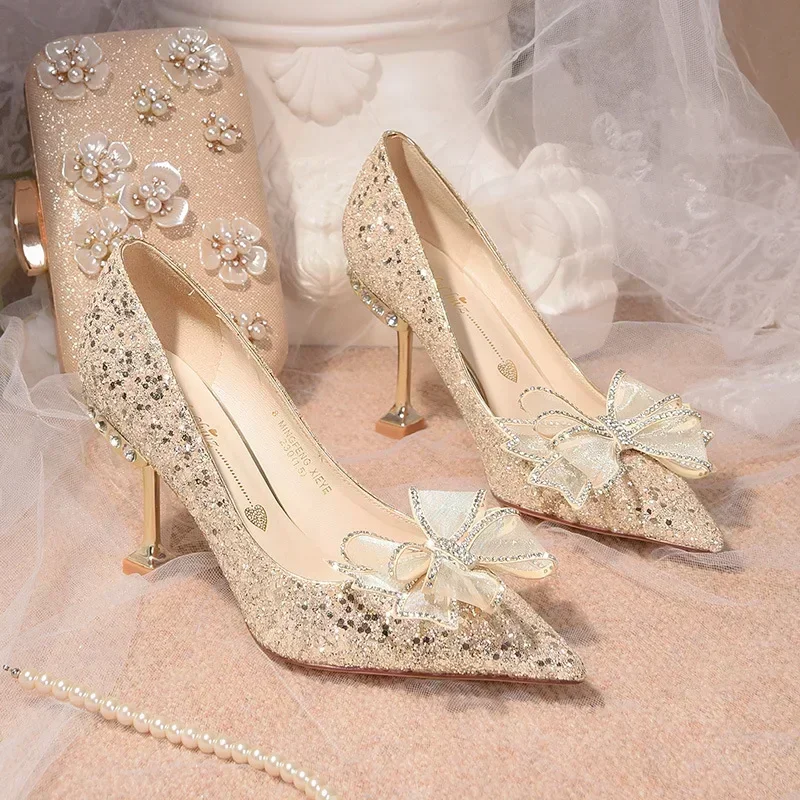 

Women Shoes High Heels New Women Pumps Sequins High Heels Women Shoes Sexy Ladies Wedding Party Bow Tie Stiletto Heels 2024