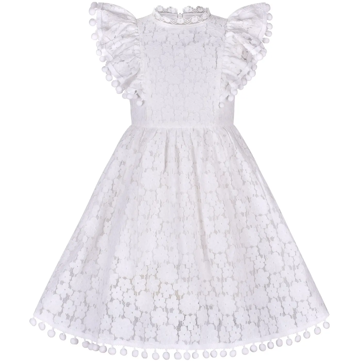 Girls Dress Off White Lace Stand-up Collar Ruffle Flare Sleeve