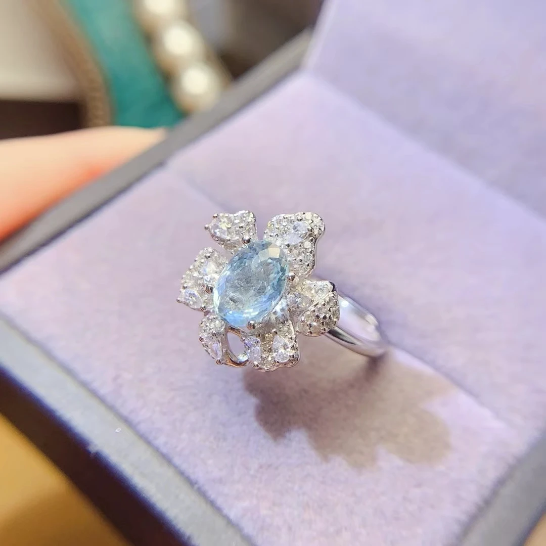KJJEAXCMY Natural Aquamarine Ring S925 silver , electroplated locking color process, high clarity Full of luster Support testing