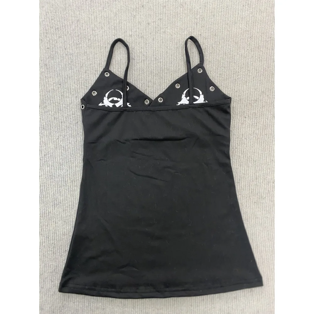 Trendy black slim shoulder strap vest with eyelets and white pattern printed slim fit Y2K atmosphere daily camisole top
