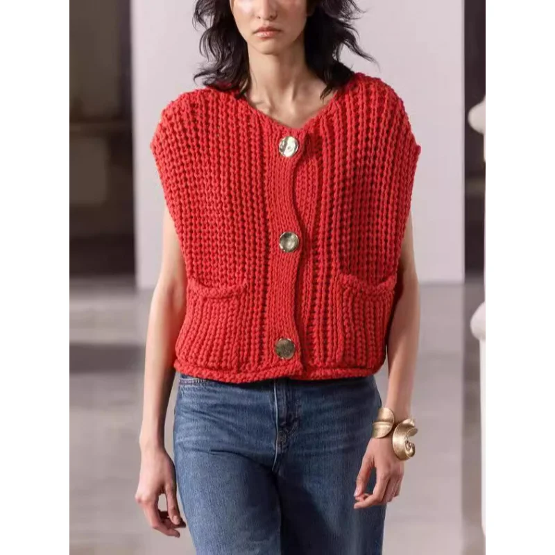 

Женский вязаный свитер, топ в европейском и американском стиле, жилет без рукавов с толстыми иглами, модный элегантный короткий повседневный свитер