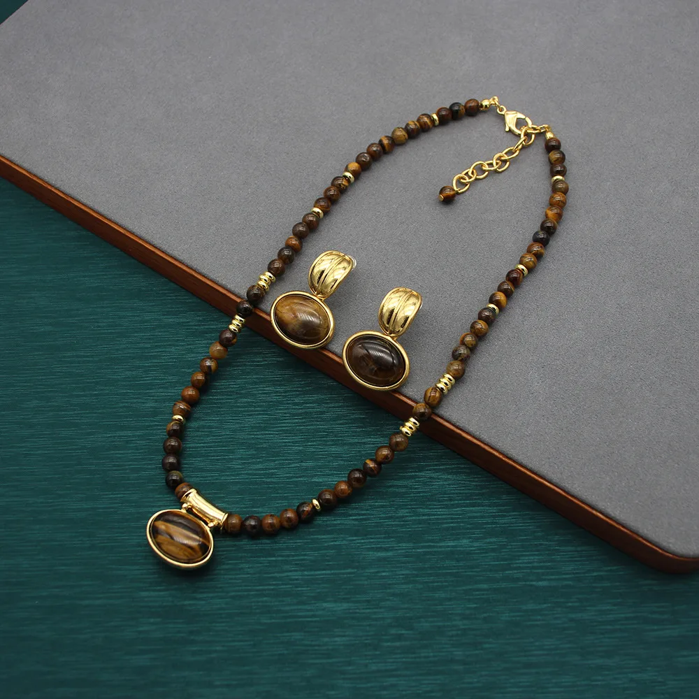

Niche Style Design Western Regions Jewelry Tiger Eye Stone Necklace Natural Stone Earrings Double-sided Clavicle Chain