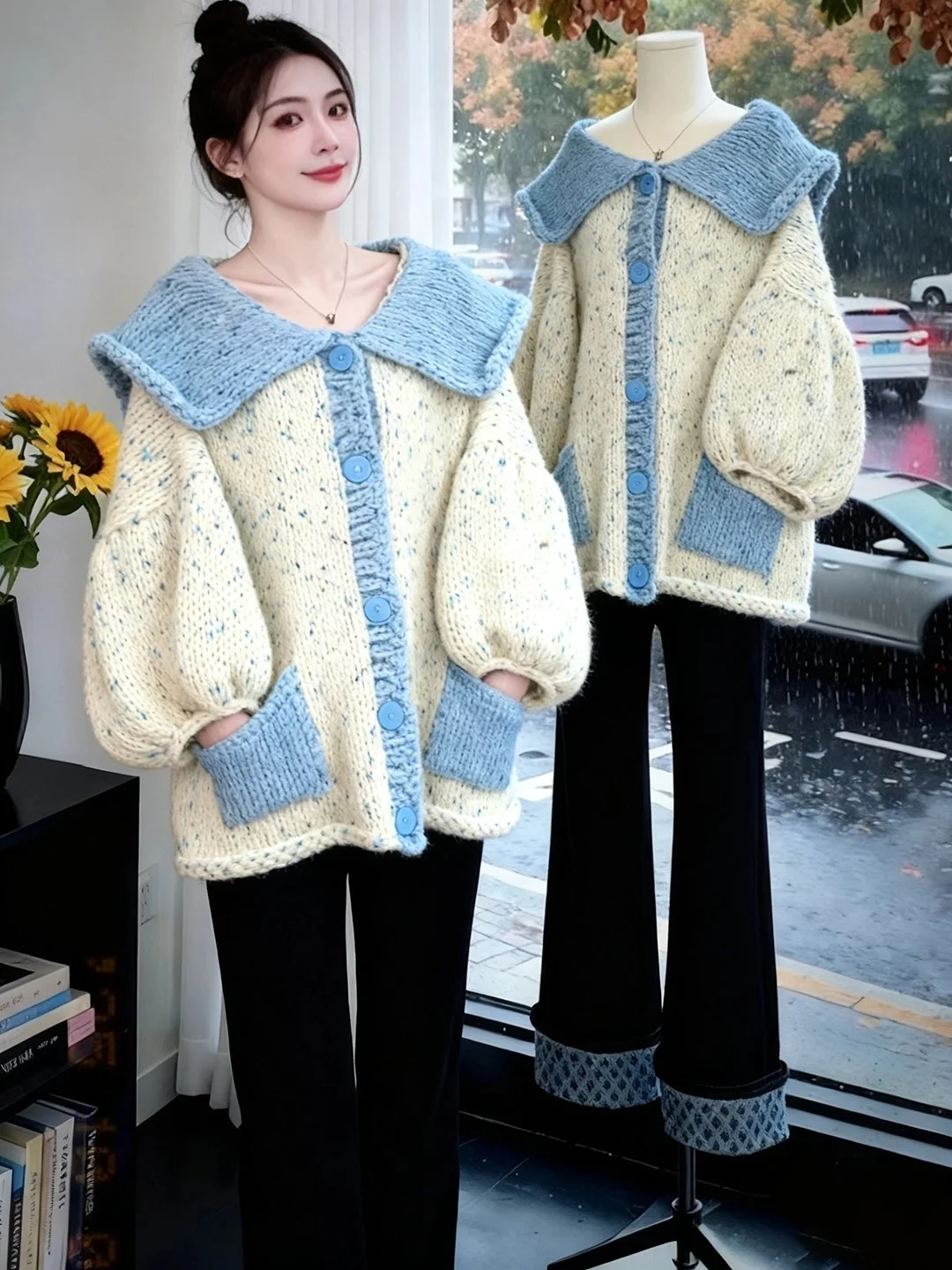 

Корейский вязаный длинный свитер Sle Color Blo, женский осенне-зимний мягкий уютный ленивый открытый кардиган Faion Sensation