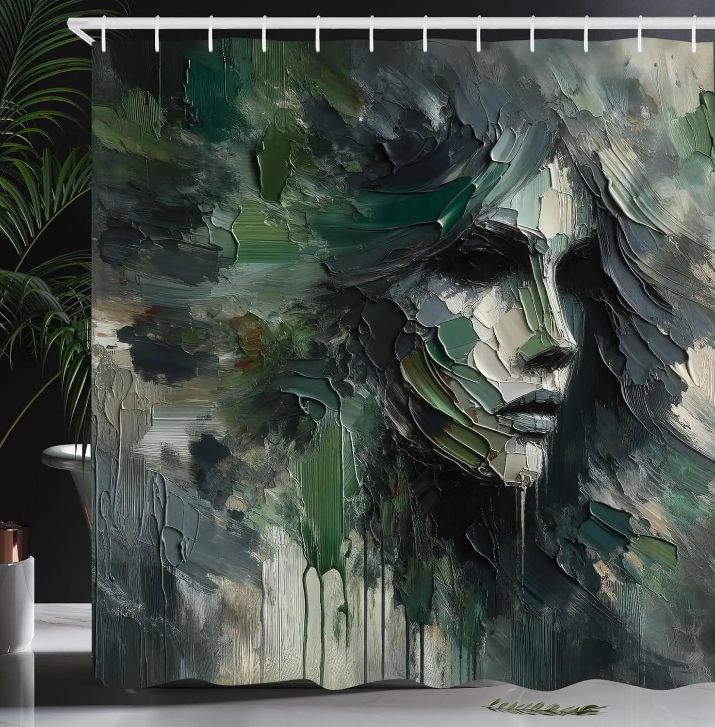

Abstract Art Shower Curtain Dark Green Paint Texture Bathroom Decor Modern Artistic Design Waterproof Fabric Home Interior Style