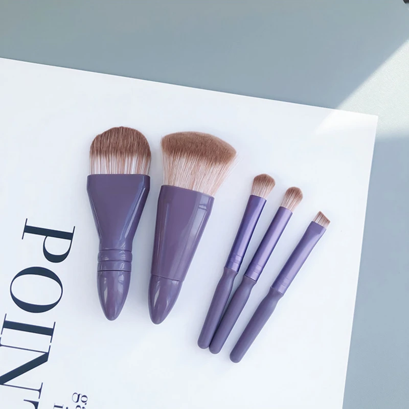 5 فرش مكياج محمولة، صغيرة مع مرآة، فرشاة ظلال عيون متعددة الوظائف، فرشاة بودرة، فرشاة مكياج كريم الأساس