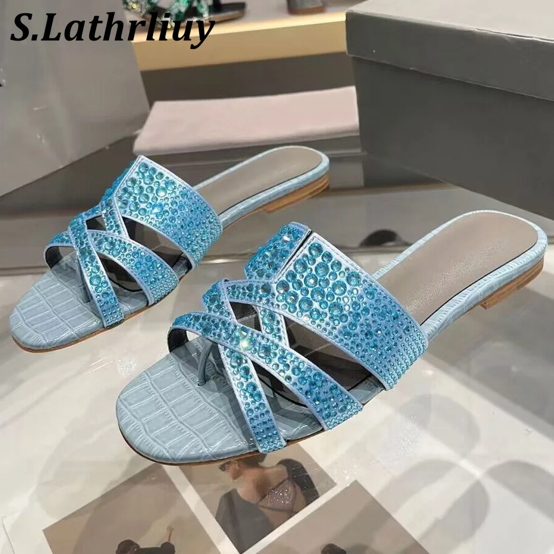 

Summer Open Toed Genuine Leather Clip Toe Slippers Women's Bling Bling Crystal Decorated Flat Sandals Casual Vacation Shoes