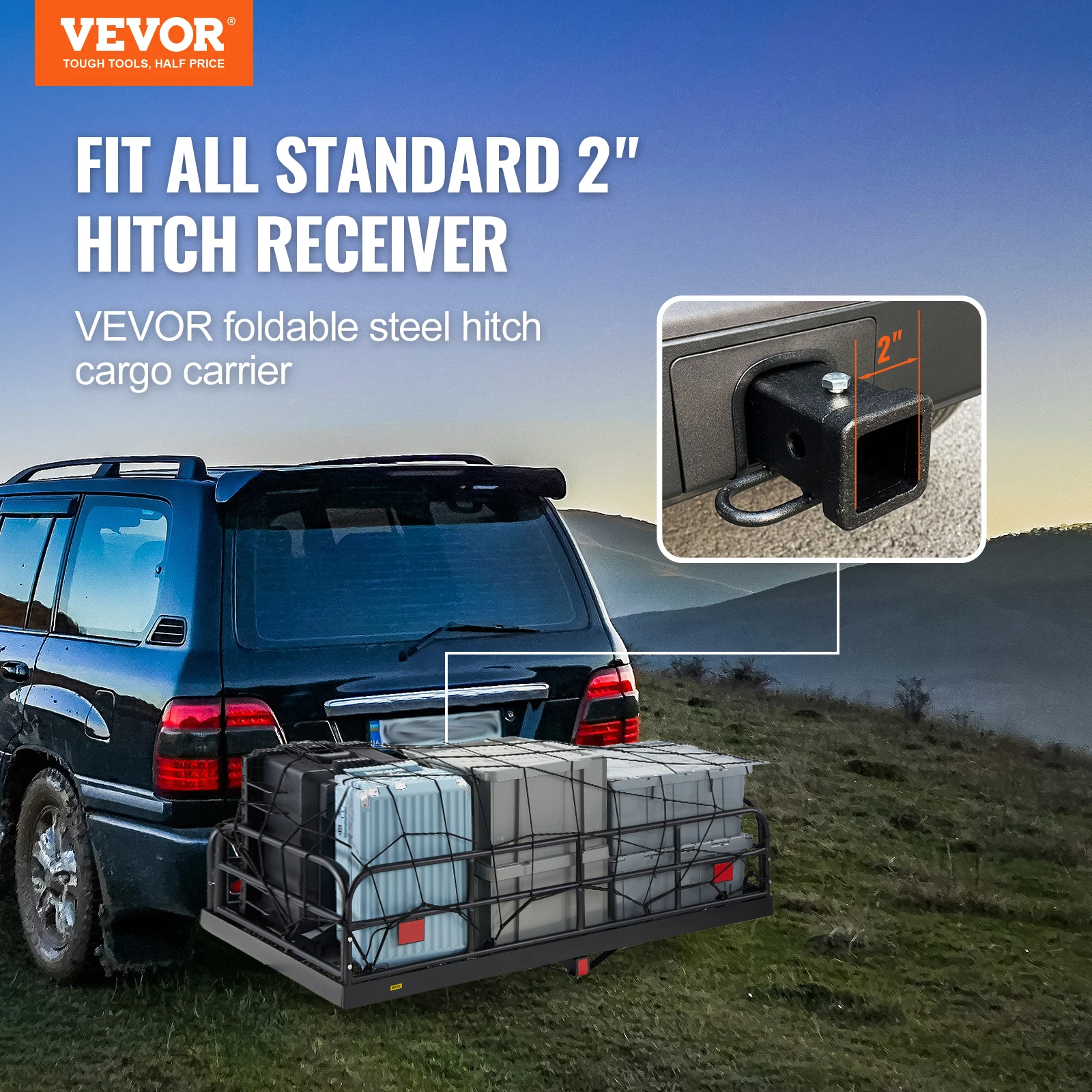 VEVOR Hitch Cargo Carrier 60 x 24 x 14 in Folding Trailer Hitch Mounted Steel Cargo Basket 400lbs Loading Capacity Luggage 