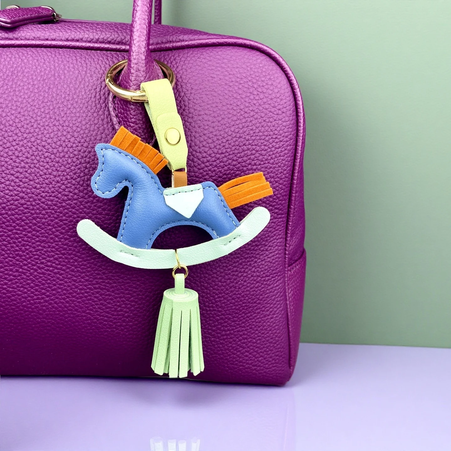 Vibrant PU Leather Rocking Horse Keychain/Bag Charm - Colorful Two-Tone Design with PU Leather Tassel, Cute Bag Charm & Gift