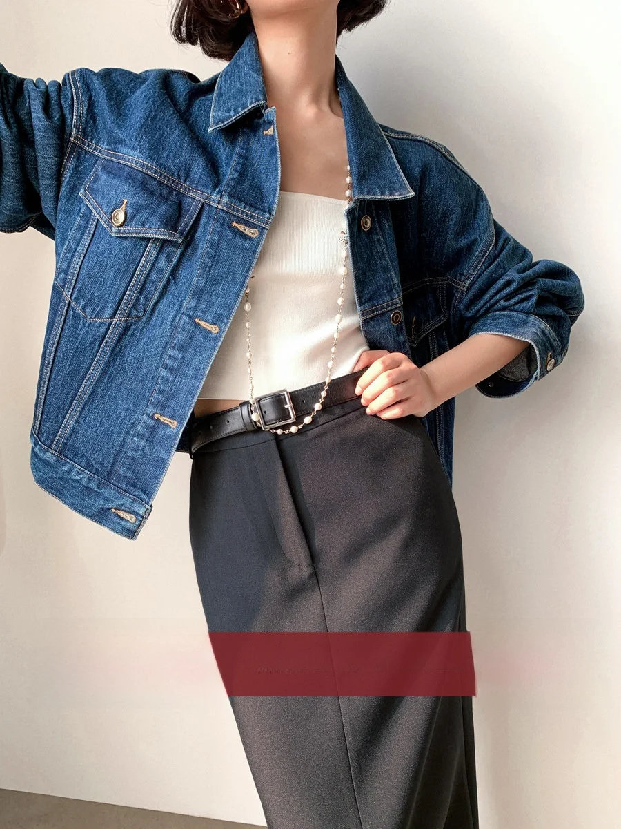 

Amyy Studios Spring Vintage Salt And Pepper Texture Waed Denim Jaet Women's Loose Fit Cotton Long Sve ort Coat