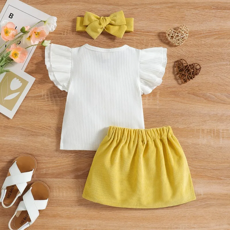 Summer Kid Girl Short Pants Outfits White Ruffles Tops+ Yellow Shorts With Button Decor Girls Clothes Sets