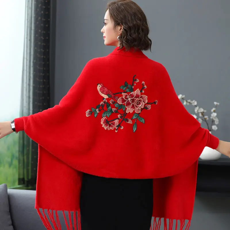 

Autumn and winter poncho mink warm tassel embroidered shawl jacket ladies with cheongsam cloak and medium length cape coat tops