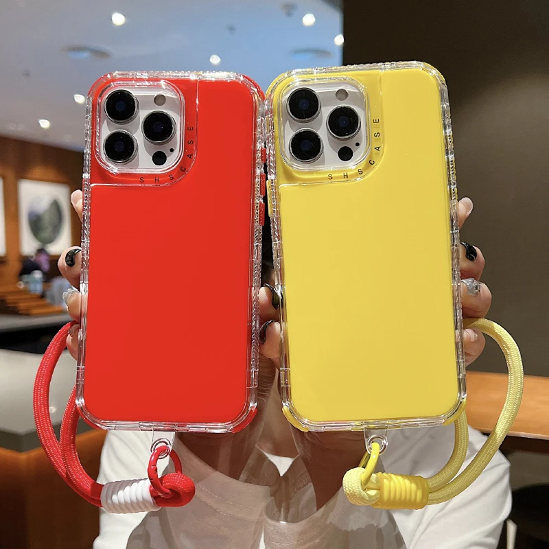 Luxus Einfarbig Weiche TPU + Transparent PC 3in1 Lanyard Telefon Fall Für iPhone 16 Pro Max 14 11 12 13 15 Pro Max Mini Zurück Abdeckung