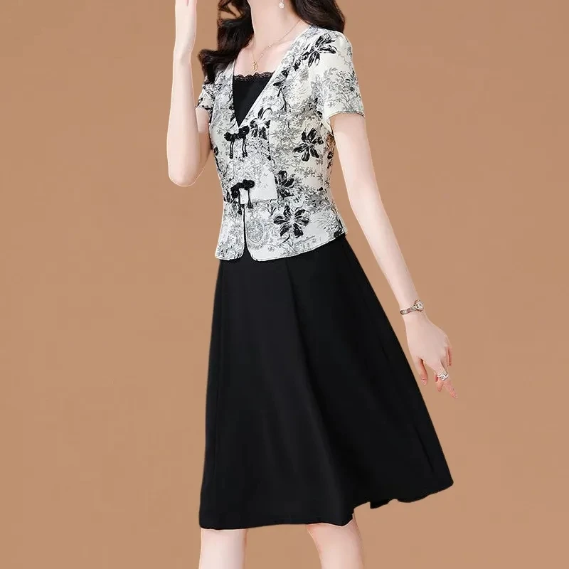 

Chinese Style Summer Two Pieces 2024 New Fashionable Temperament Mom Western-style Retro Slimming Thin Dress Skirt