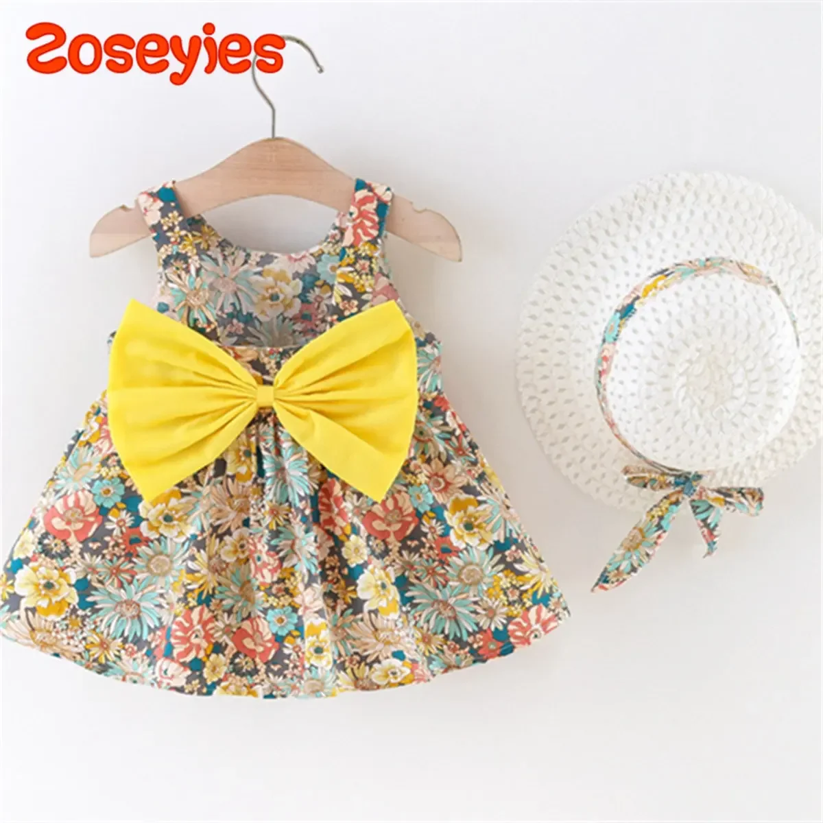 2Pcs/Set Flowers Baby Girl Dresses Summer Fashion Toddler Girls Children Clothes Beach Dress Kid's Costume Send Hat 0 To 3 Y