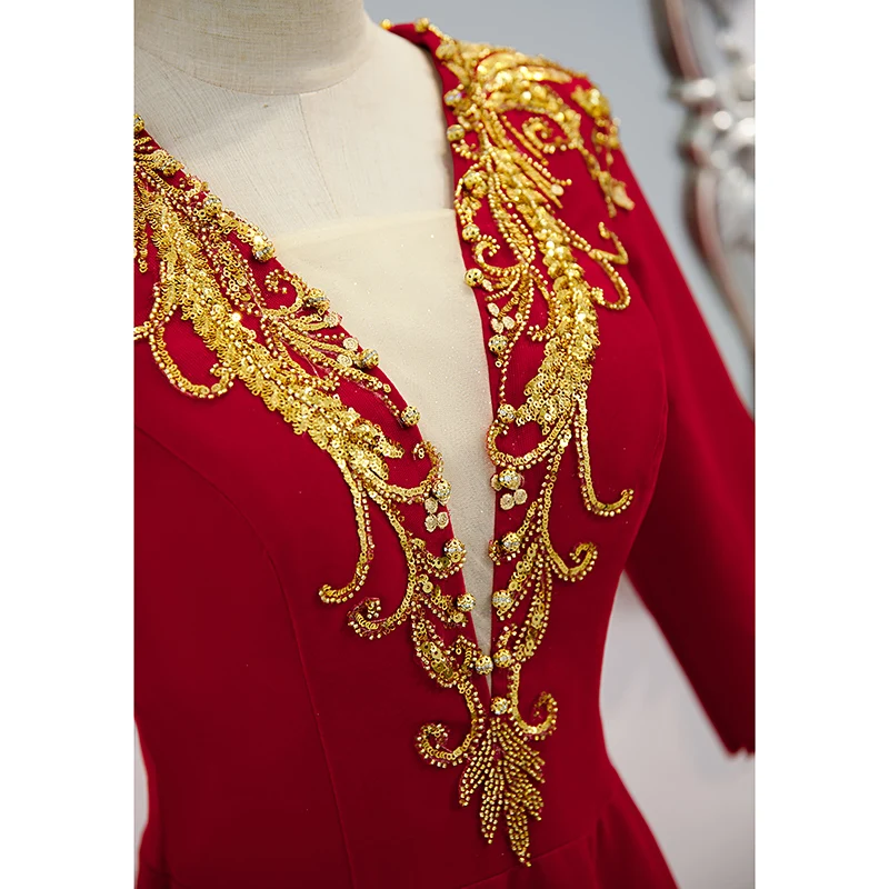 

Ele Red Long Sve V-Ne Host Dr for Formal Winter Events Vintage Sle Floor-Length Gown with Belt Wedding Recep...