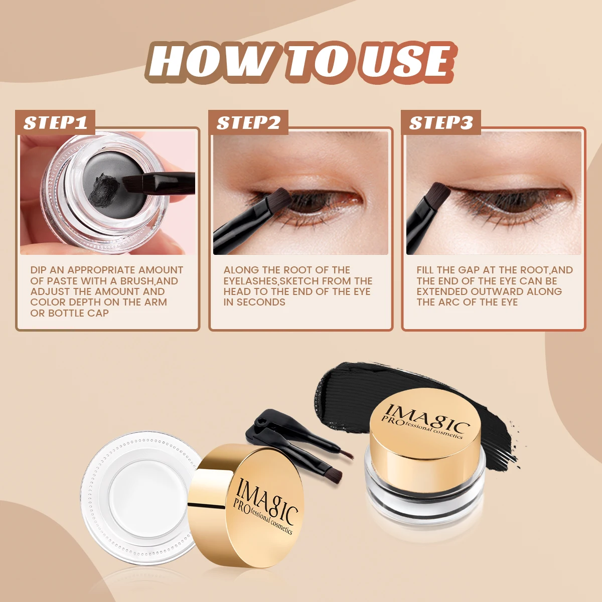 IMAGIC 2-Color Eyeliner Gel With Brush Long Lasting Waterproof Quick Dry Black Matte Natural Professional Easy Wear Korea Makeup