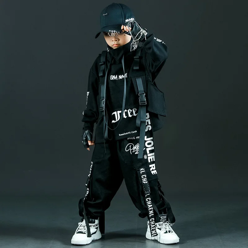 

Children's Hip Hop Fashion Costumes Stage Clothes Boys Girls 3 Pieces Sets Long Sleeve T-shirt Vest Cargo Pants Kids Tracksuits