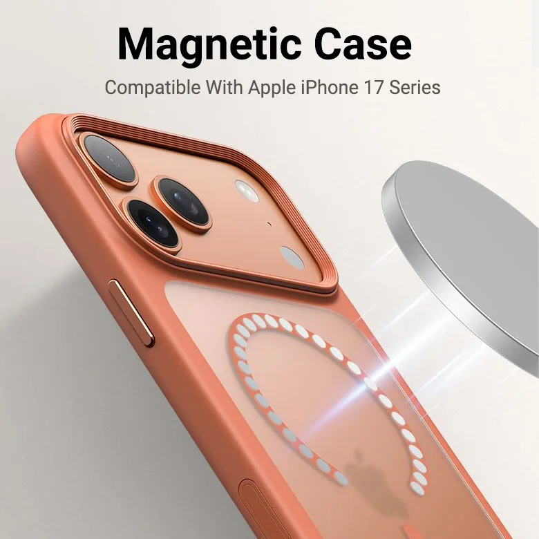 Luksusowe Pomarańczowe Matowe Przezroczyste Etui na Telefon z Obsługą MagSafe do iPhone'a 17 Pro Max 17 Pro Nowe Metalowe Przyciski Wykończenie imitujące Skórę Odporne na Wstrząsy — zdjęcie produktu 5