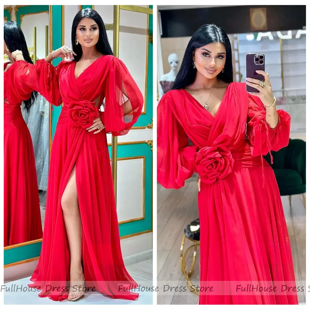 Custom Red V-Neck Pleated A-Line Evening Dress