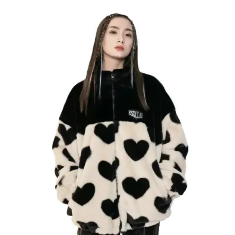 Women\'s faux rabbit fur jacket autumn and winter 2023 new love plush jacket women loose hooded thick cotton-padded clothes tide