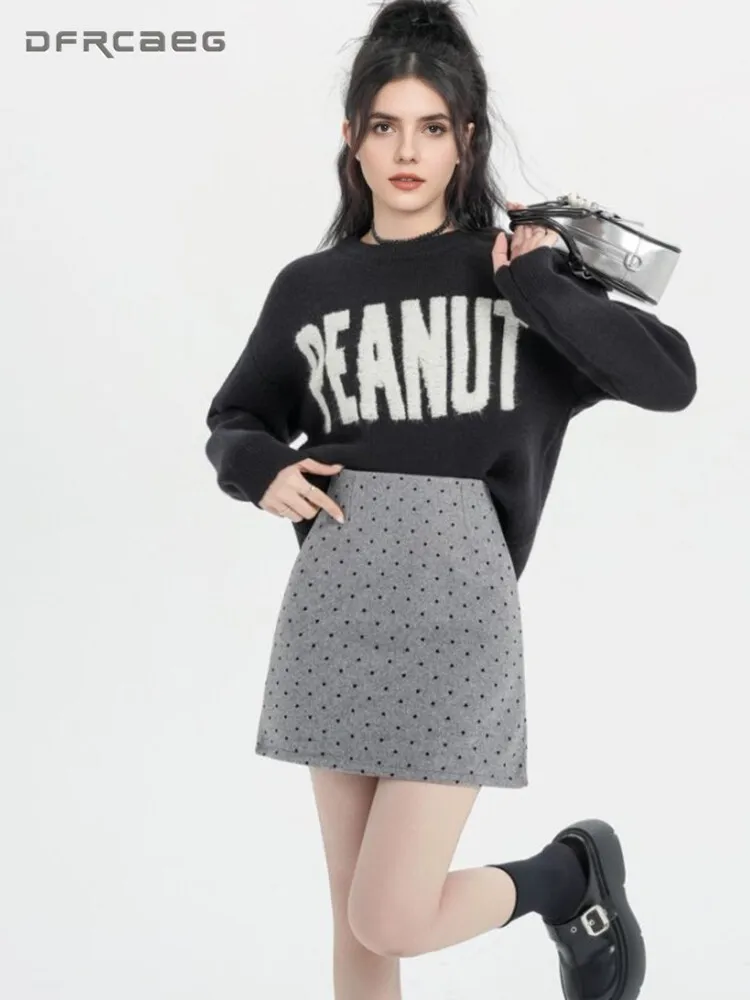 Zwart Hart Polka Dot Wol Kokerrok Dames Herfst Winter Hoge Taille Casual Slanke Koreaanse Korte Rokken Vrouw