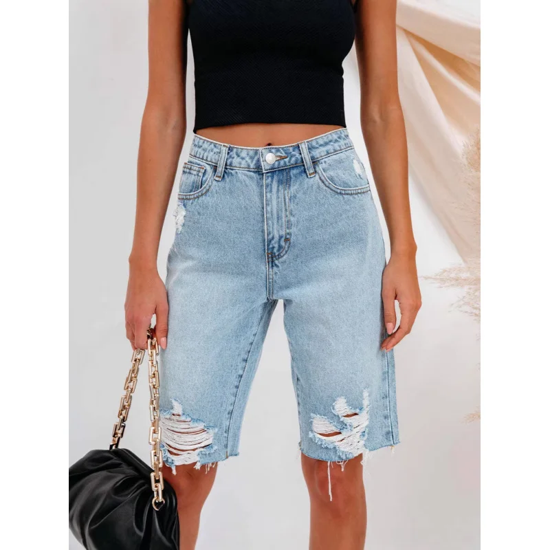 

Summer 2026 Women's Denim Straight Leg Pants Ripped Hole Washed Urban Leisure High Waist Trousers