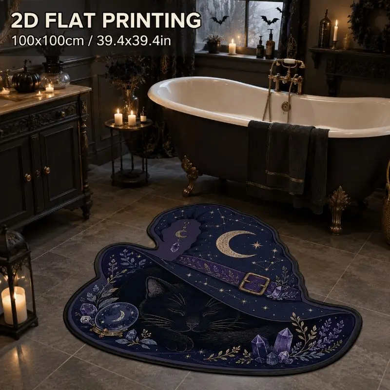 VIKAMA Halloween Witch Hat Black Cat Carpet Irregular Soft Bedside Carpet Bathroom Carpet Home Decoration