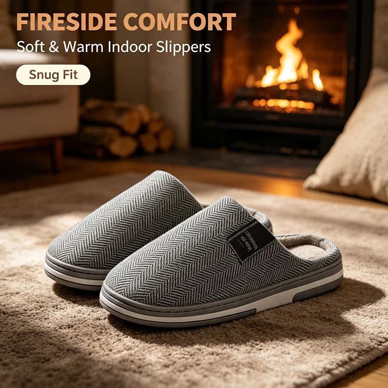 Herren Winter-Hausschuhe mit geschlossener Zehenpartie, flauschigem Fleecefutter, warm, zum Hineinschlüpfen, rutschfest, dicke Sohle, gemütliche Schuhe für Damen und Senioren – Detail 2