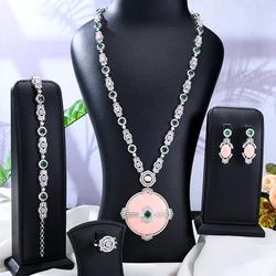 Missvikki Original Luxury Big Round Pink Necklace Earrings Bracelet Ring Jewelry Sets For Women Bridal Wedding Carving patterns