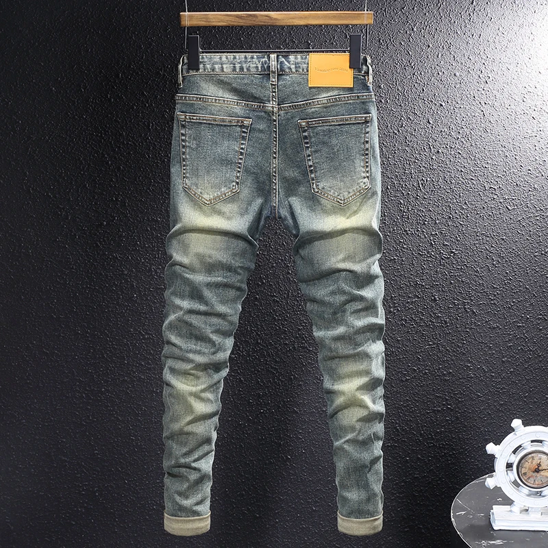 Y2K ファッション 新しいジーンズ しわ、傷、刺繍、ウォッシュ加工、ノスタルジック、伸縮性、痩身、レトロ、イエロー ブルー ジーンズ