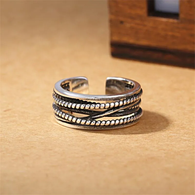 New Retro Jewelry Winding Twisted Thai Silver Multi-layer 925 Sterling Silver  Irregular Geometric Opening Rings