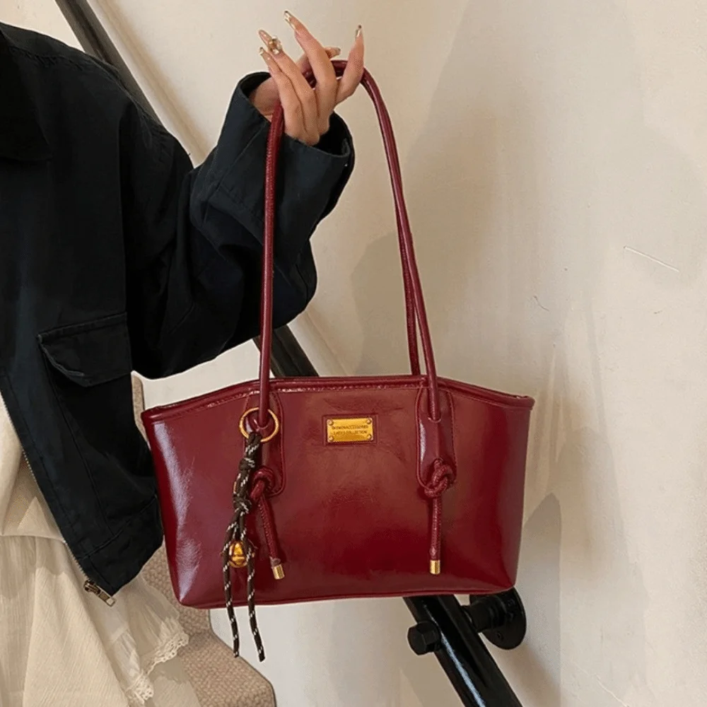 Vintage Large Capacity PU Shoulder Bag Soft Solid Color Underarm Handbag Knotted Strap Decorative Bell Charm Work Tote Women