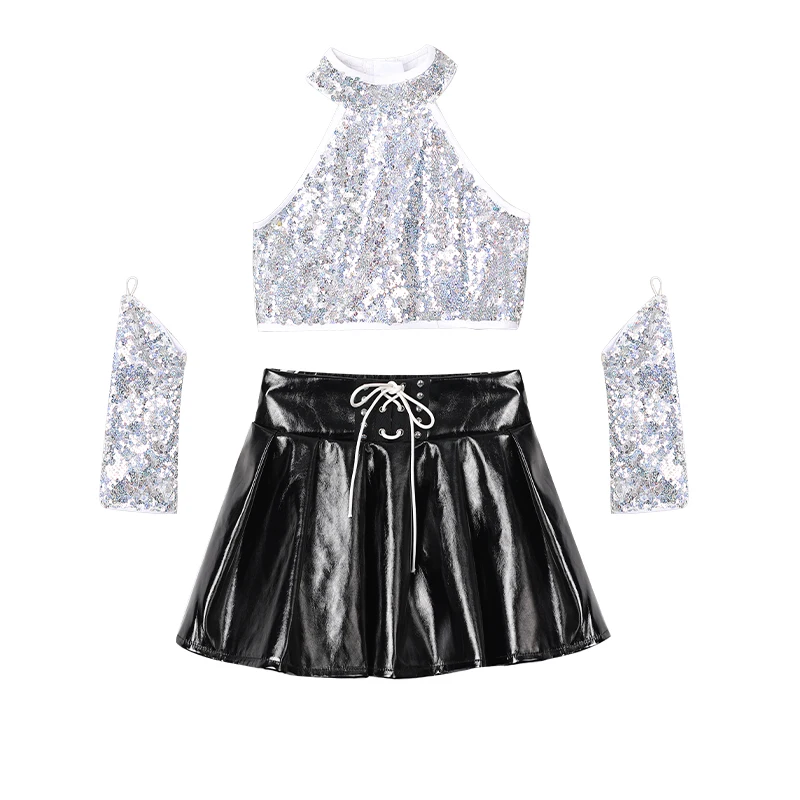 Girls Jazz Dance Costume Silver Sequin Tops Sleeve Black Skirt Modern Street Dance Stage Performance Clothes HipHop Suit DQL7002