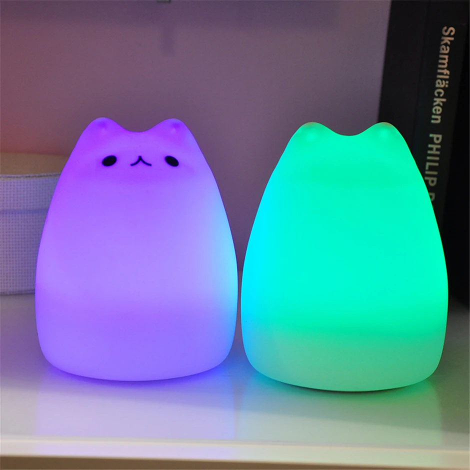 Colorful LED Night Light Animal Cute Cat Silicone Soft Breathing Cartoon Baby Nursery Lamp for Children Kid Gift Dropship