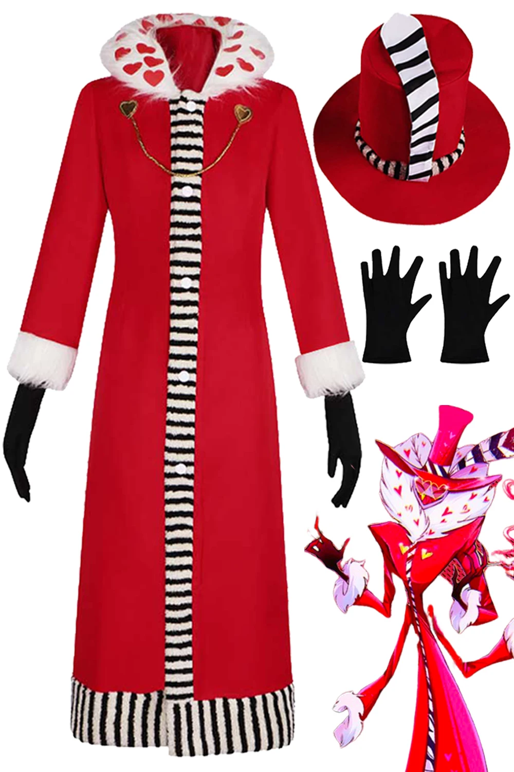 Valentino Cosplay Hat Costume Anime Cartoon Hell Inn Roleplay Outfits Men Disguise Long Red Coat Gloves Male Halloween Suit