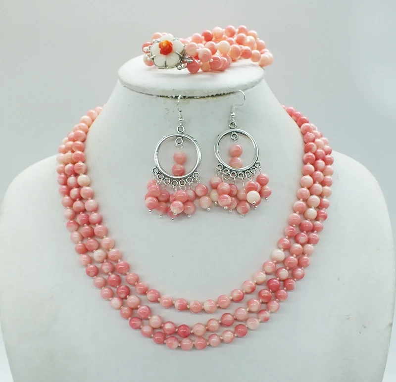 Exquisite  3 Layers, 6MM Classic Pink Coral Necklace/Bracelets/Stud Earrings African Bridal Jewelry Set