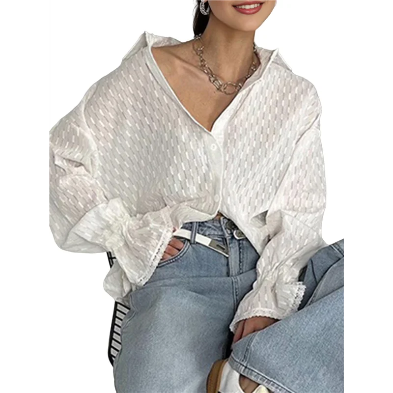 

AG-Long Sleeve Shirts For Women Western Shirts White Button Down Shirt Oversized Long Puff Sleeve Blouse Shirt