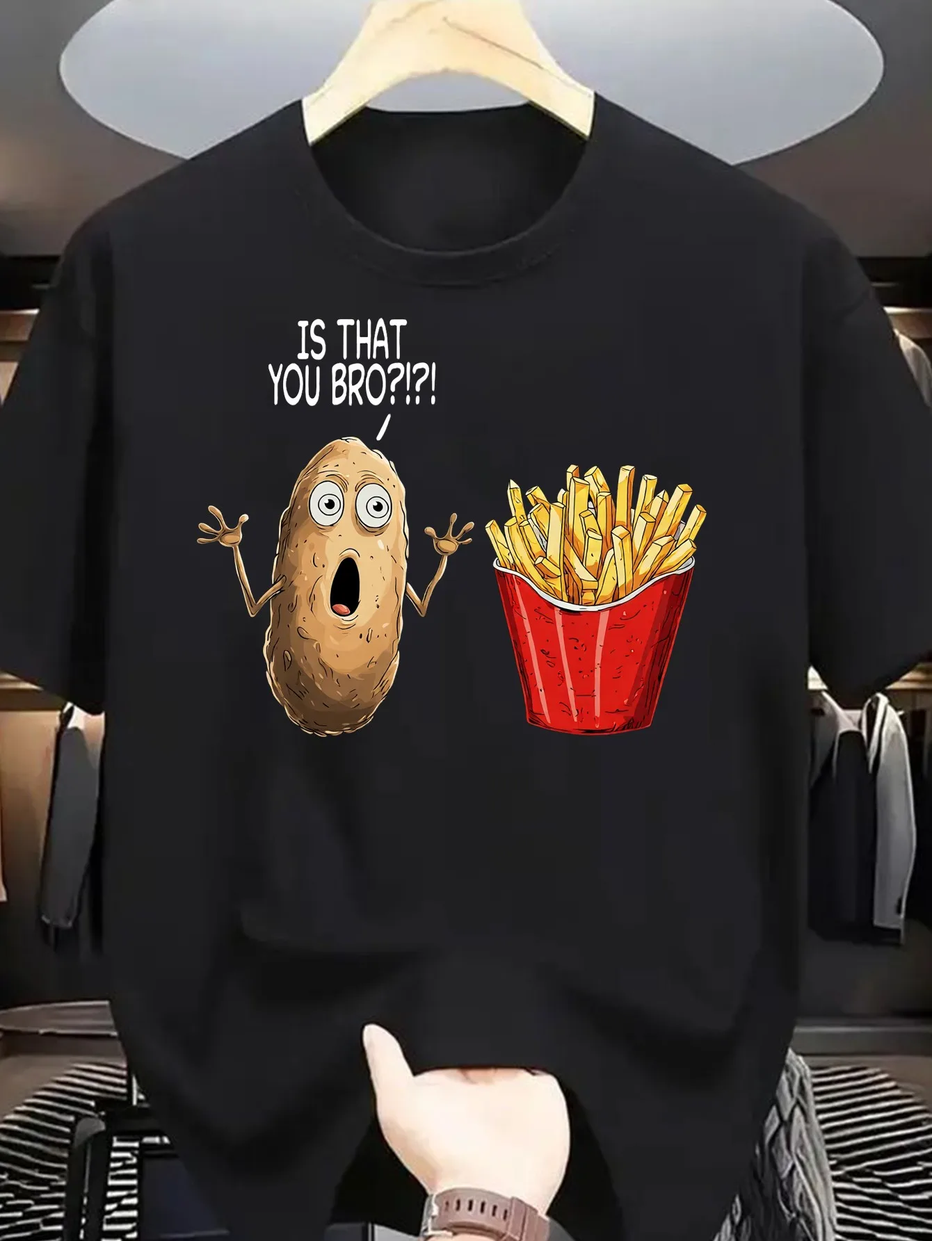 Men's Cartoon Potato and French Fries Print T-Shirt - Funny 